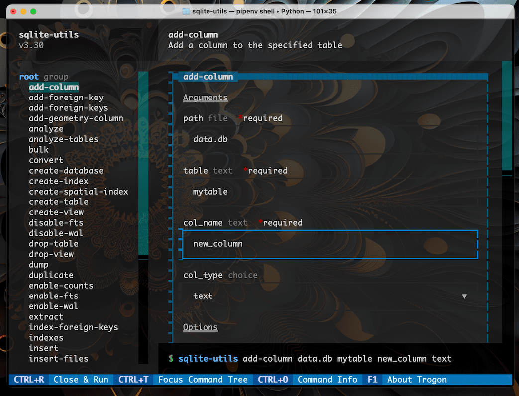 A TUI interface for sqlite-utils - the left column shows a list of commands, while the right panel has a form for constructing arguments to the add-column command.